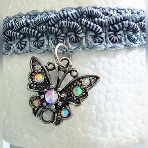 Blue Gimp Fabric Choker w/ Silver Butterfly AB Stones